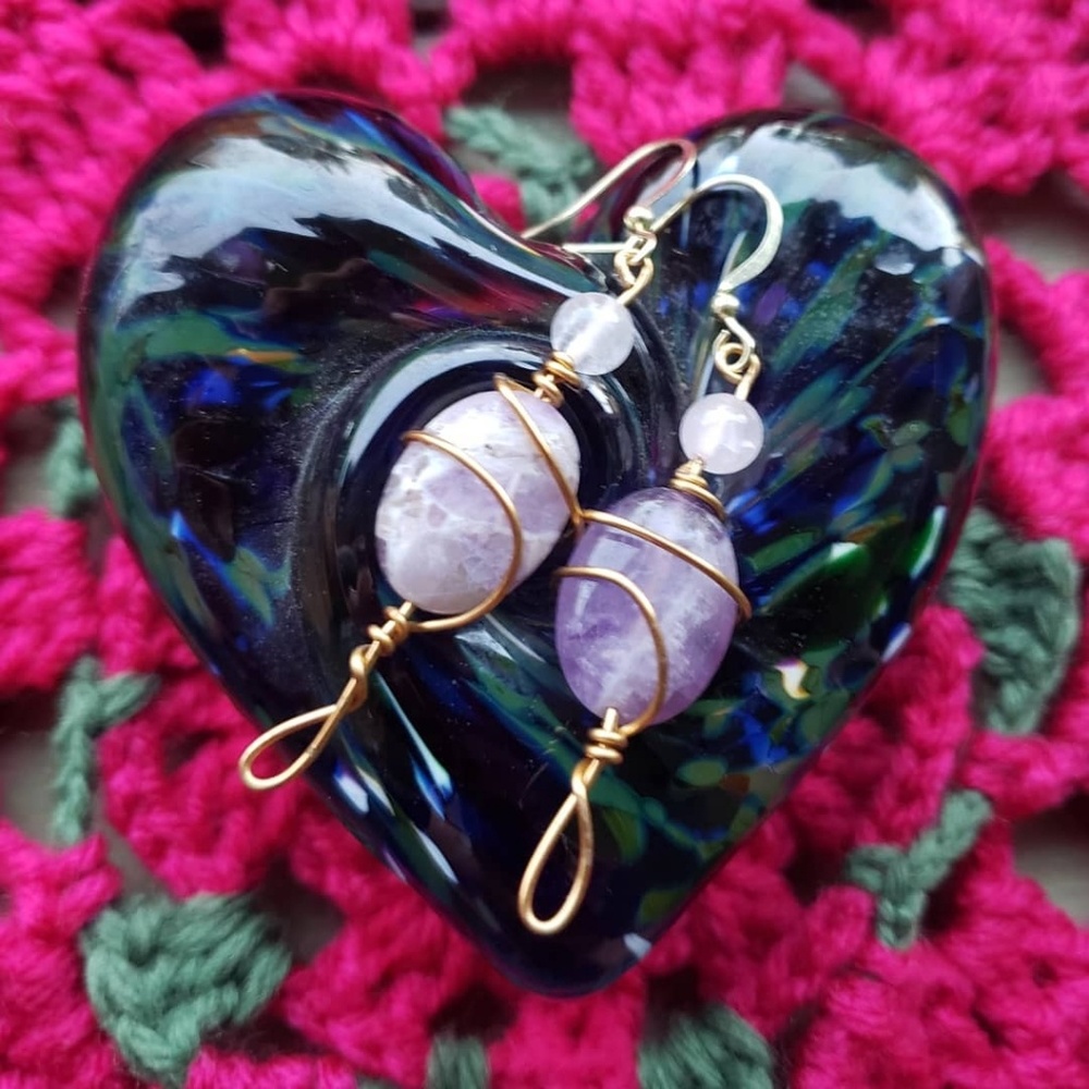 Wire wrapped Amethyst and Quartz earrings 🌙